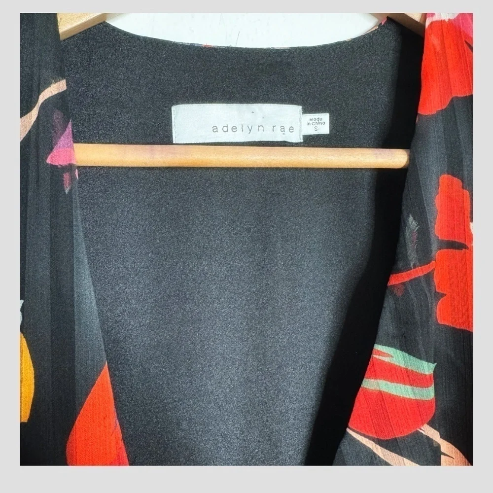 Adelyn Rae Wrap Dress High Low Chiffon Long Sleeve Black Red Print Sheer Sleeve
